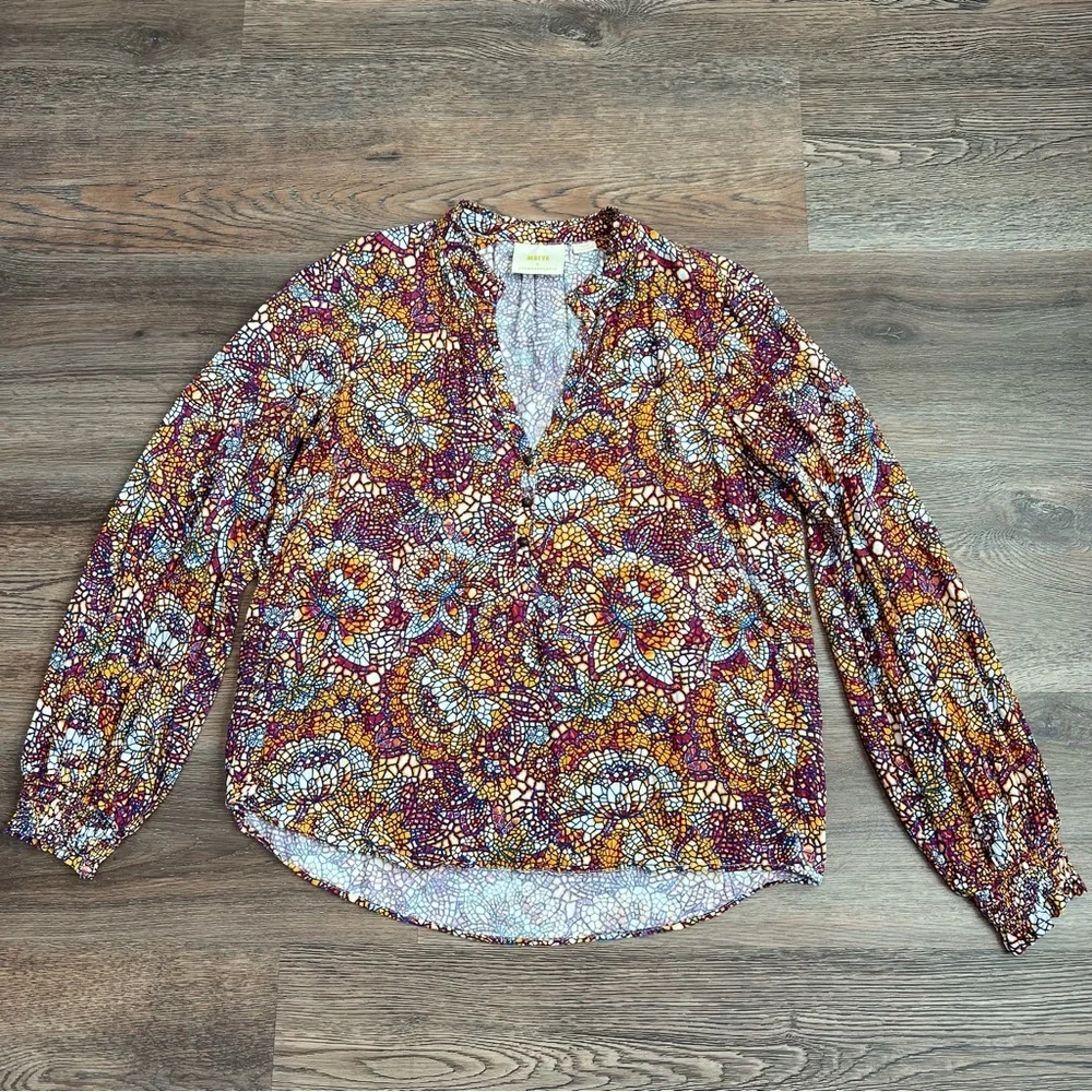 Anthropologie Maeve Kaleidoscope Mosaic Print Blouse Size Medium Boho V Neck Top - Picture 2 of 10